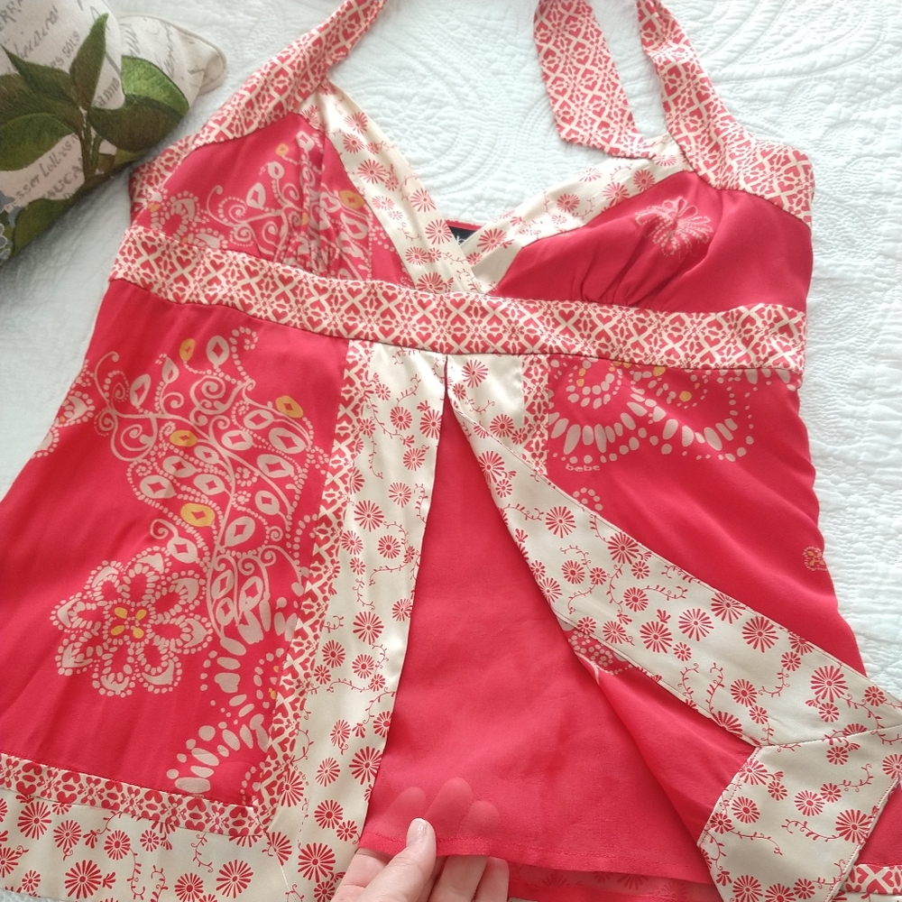 Bebe Red Silk Halter Top L EUC